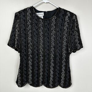 New Vintage Stenay Blouse Womens M Silk Beaded Deadstock Short Sleeves Lined